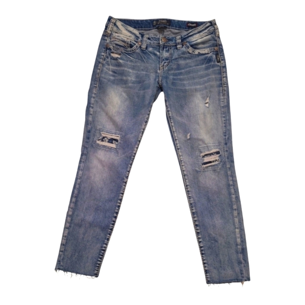 Silver Jeans Aiko Midrise Ankle Skinny Light Wash Distressed Jeans
